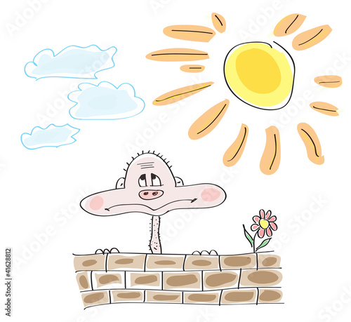 Drawing a character looks sadly at the sky