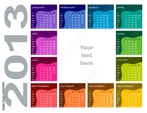 Coloful calendar 2013 (English, Sunday first)