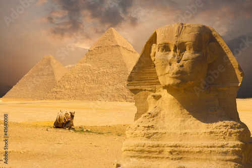 Great Sphinx Face Pyramids Sunset Background #41640008
