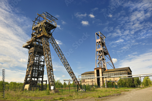 Pit head winding gears at disused coal mine in Forbach