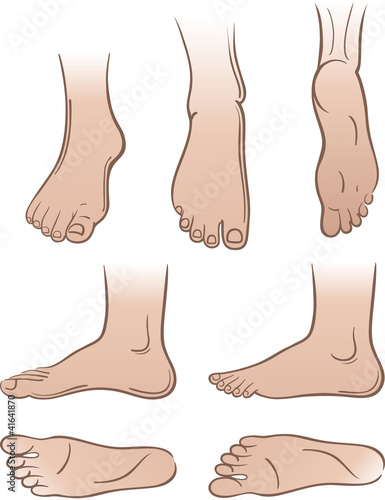 Seven man feet isolated on white background