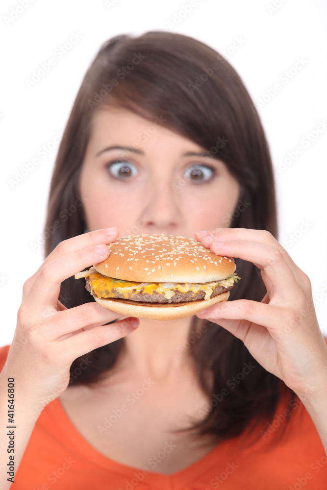 Surprise in front of a hamburger Surprise in front of a hamburger