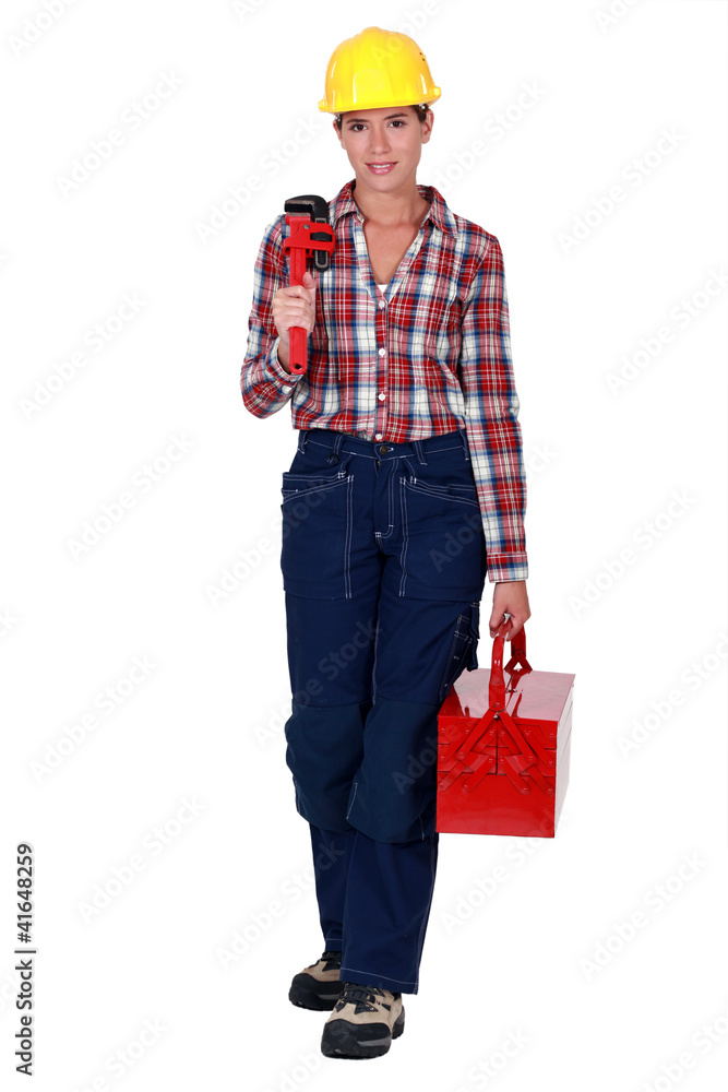 Confident woman plumber on white background Confident woman plumber on white background