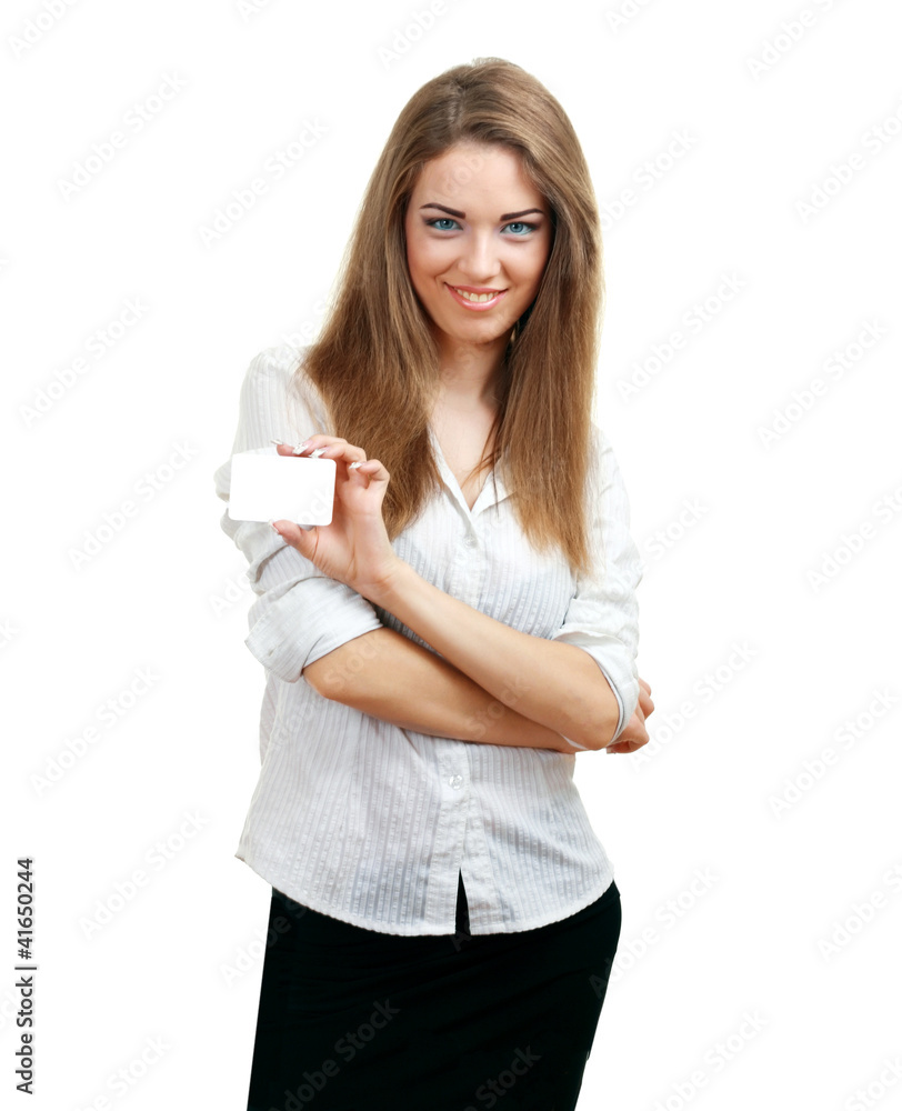 beautiful woman holds card beautiful woman holds card