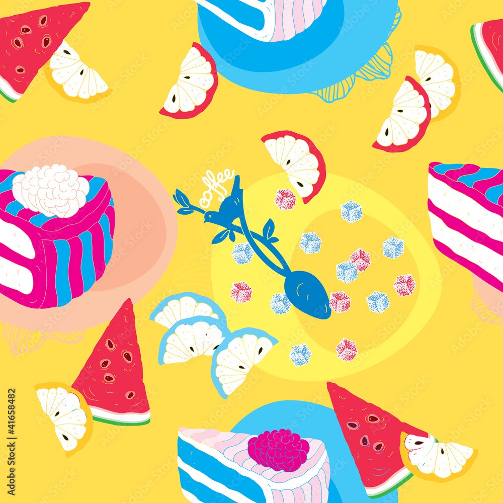 Cakes Seamless Pattern With Spoon Lemons and Watermelon