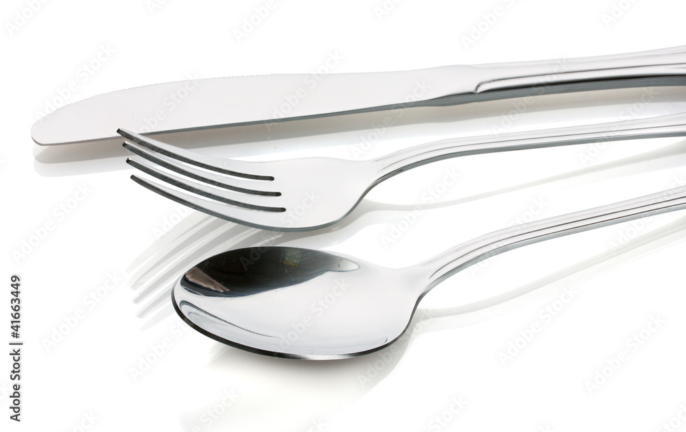 Silver fork and spoon, knife isolated on white Silver fork and spoon, knife isolated on white