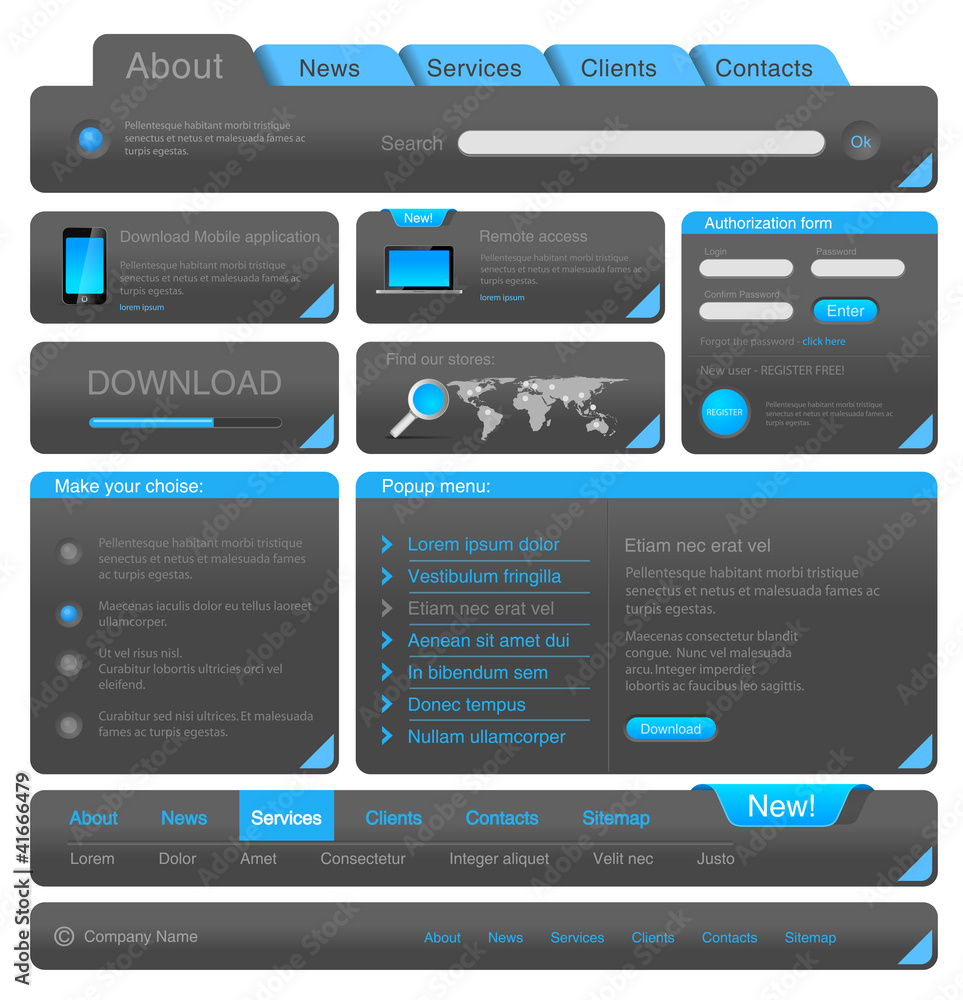 Web designers toolkit. Blue Dark Design elements collection. Web designers toolkit. Blue Dark Design elements collection.