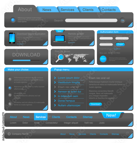 Web designers toolkit. Blue Dark Design elements collection.