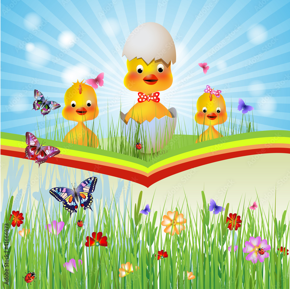 Three chicken hen in the grass Three chicken hen in the grass