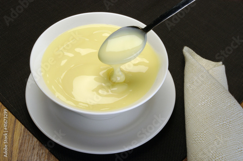 Photos crema alla vaniglia su ciotola bianca  con cucchiaino