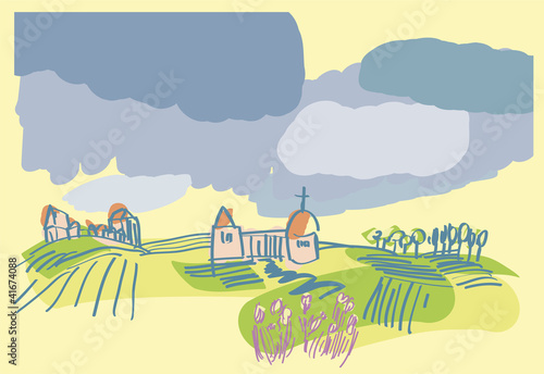Zeichnung, Handzeichnung, Urlaub auf dem Land - Dorf