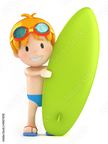 3d render of a kid with goggles and surfbaord photo