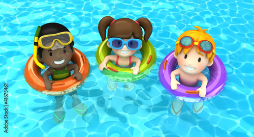 3d render of kids floating with inflatable ring