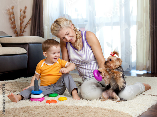 mother, child boy and pet d...