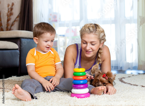 mother, child boy and pet d...