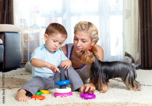 mother, child boy and pet d...