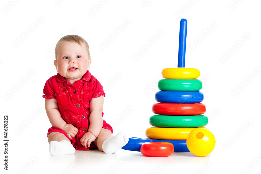 baby girl playing with big toy isolated on white background baby girl playing with big toy isolated on white background