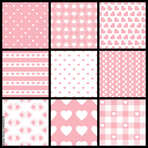9 Different Seamless Pattern Hearts Rose/White