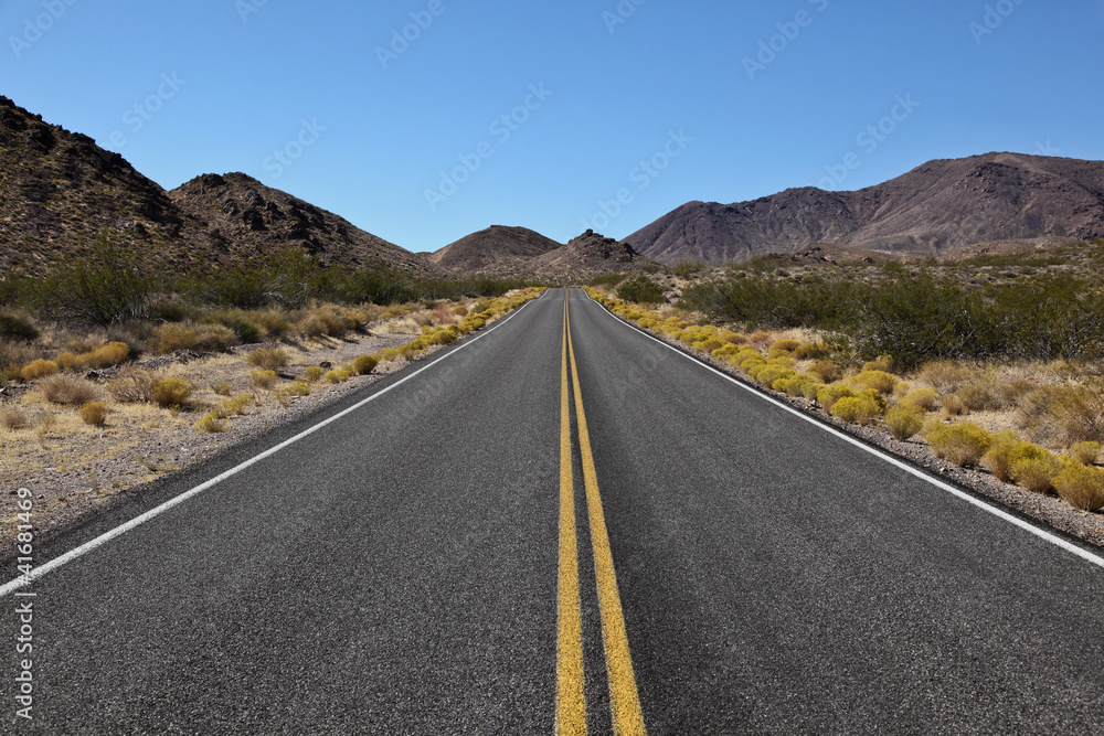 Long desert road ahead of Death Valley National Park, California