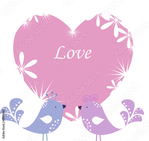 Two enamoured birdies on pink heart