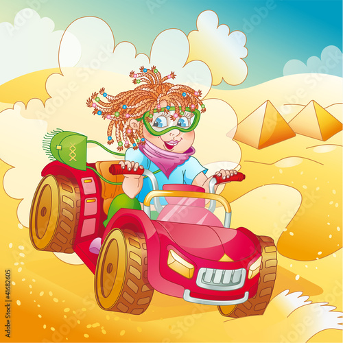 Little girl riding quad bike on desert (vector)