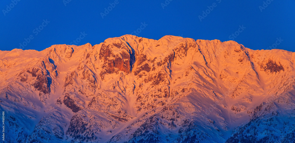 Eastern European winter mountain scenery in sunrise light