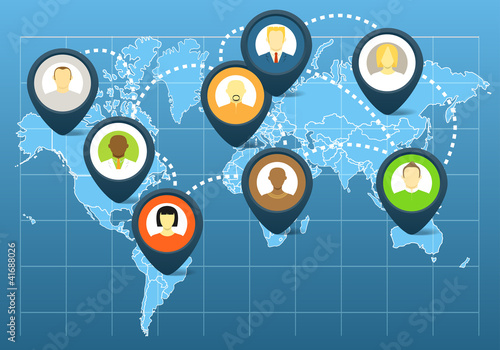 World social network scheme on the map of earth
