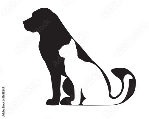 Black silhouette of dog and white cat isolated on white