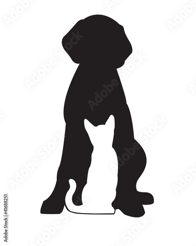 Black silhouette of dog and white cat isolated on white