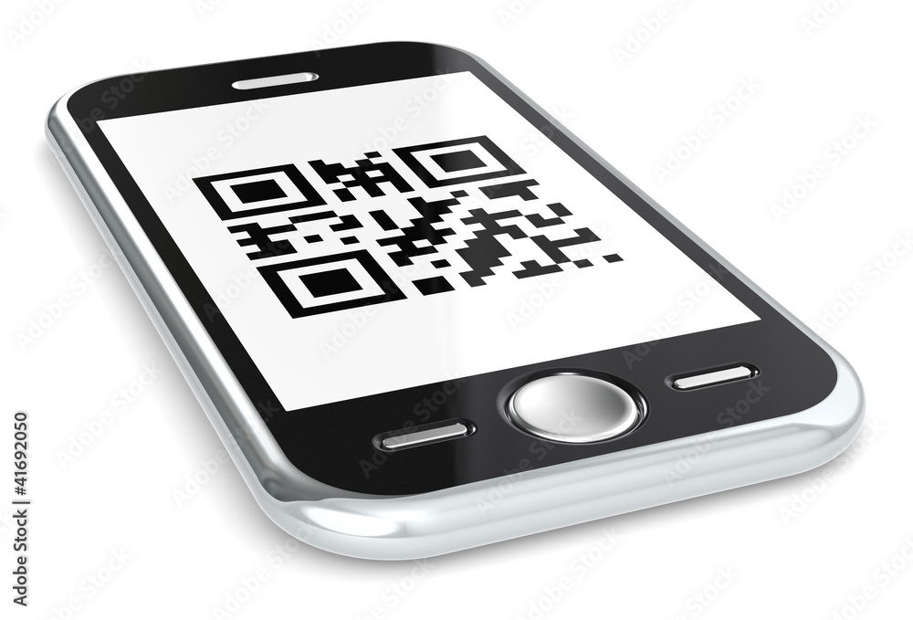 QR. Black smartphone with a sample QR Code. QR. Black smartphone with a sample QR Code.