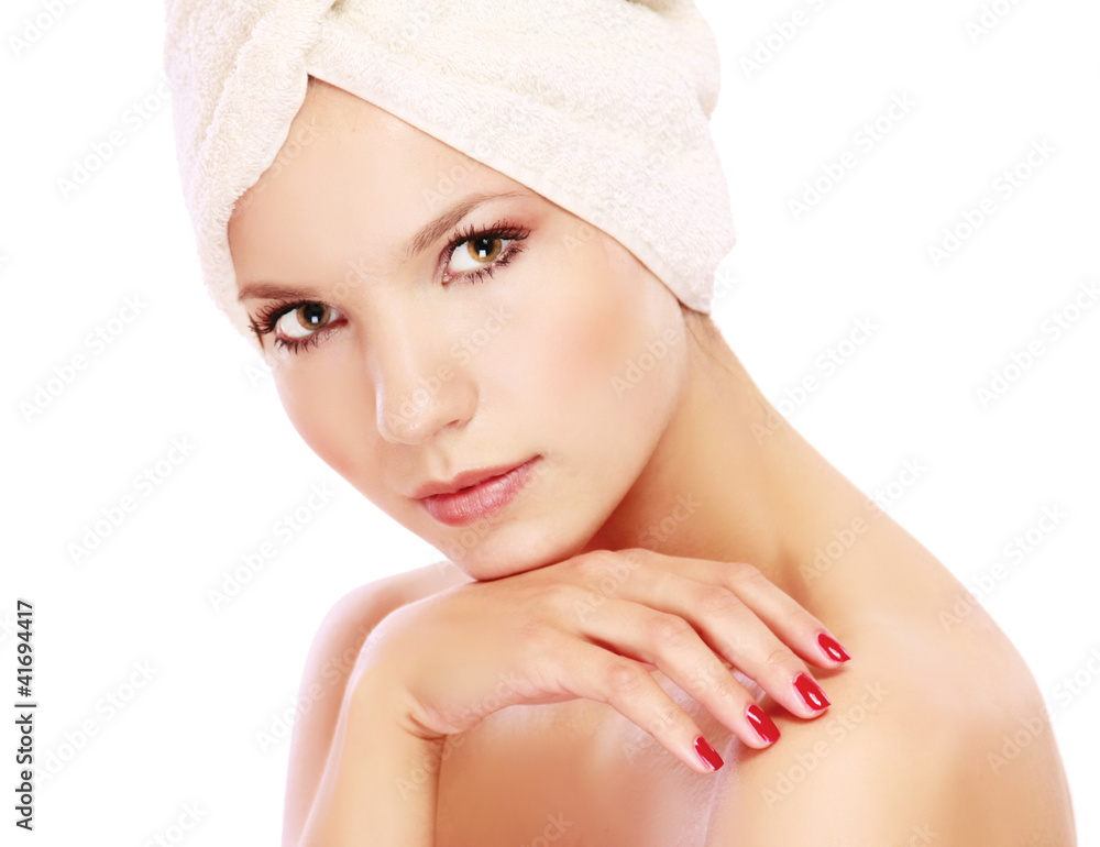 Young woman with white towel on her head Young woman with white towel on her head