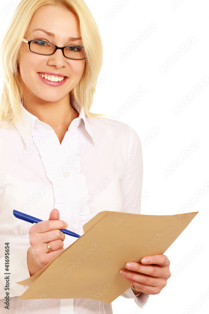 Happy business woman with folder, isolated on white background Happy business woman with folder, isolated on white background
