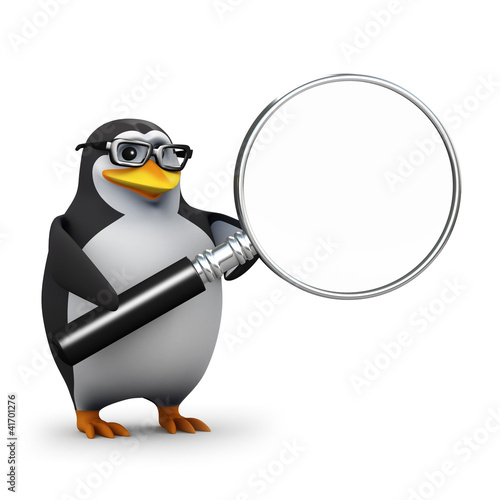 3d Penguin in glasses holds a magnifying glass © Steve Young