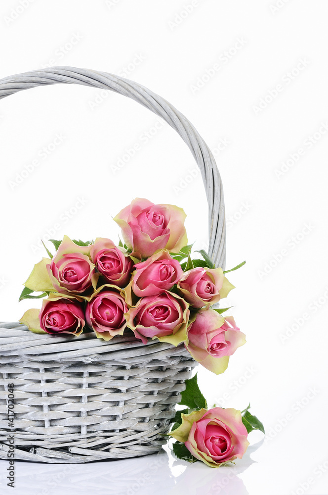 bouquet of pink roses in basket bouquet of pink roses in basket
