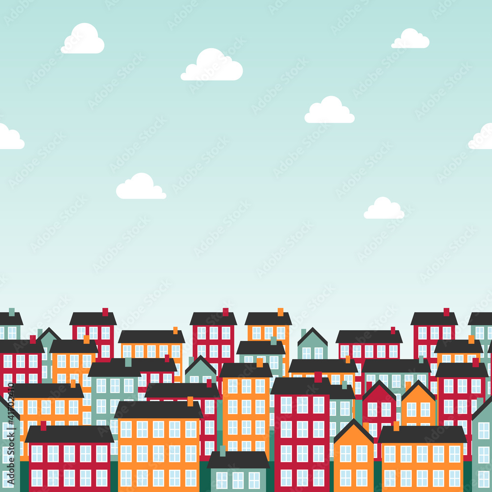 Seamless background pattern with town. Vector illustration.