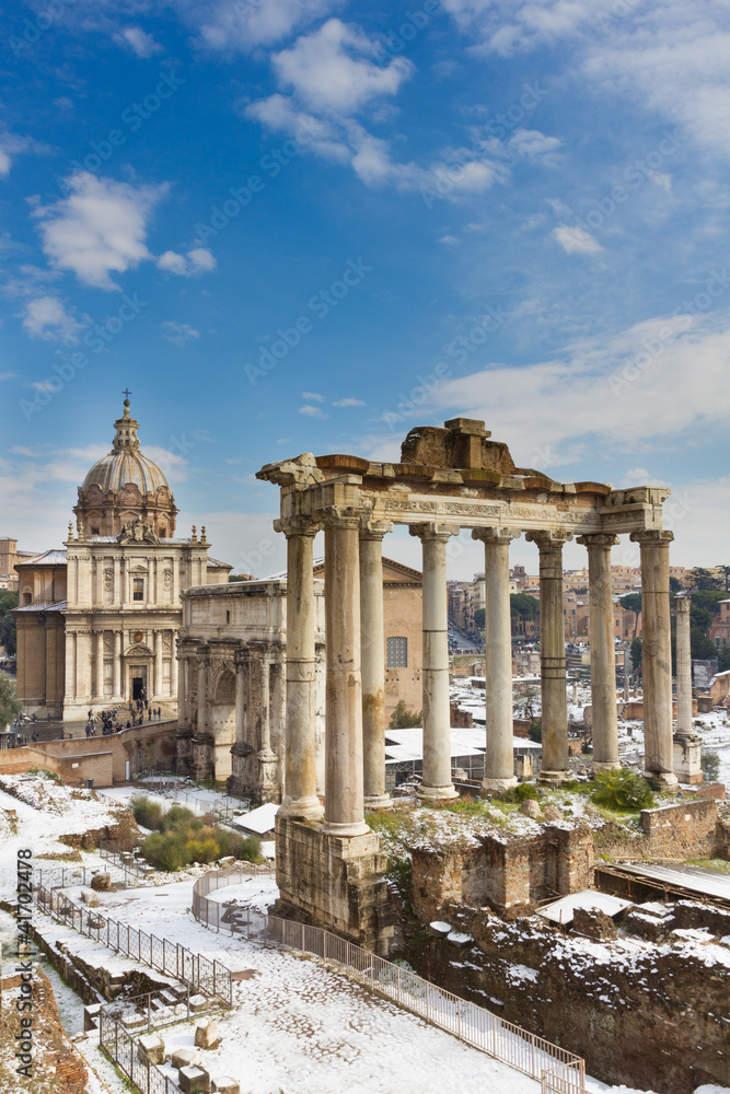 Temple of Saturn and others monument of the Roman Forum, Italy.