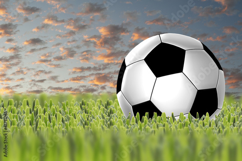 soccer ball on green grass at twilight