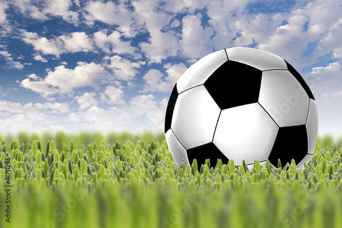 soccer ball on green grass with clear blue sky