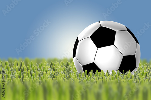 soccer ball on green grass on blue