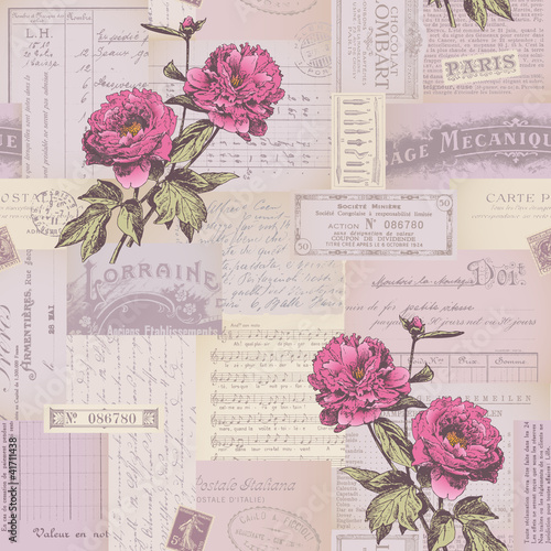 seamlessly tiling paper collage pattern with peonies
