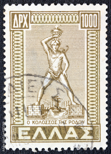 Old Greek stamp from 1947 shows Colossus of Rhodes