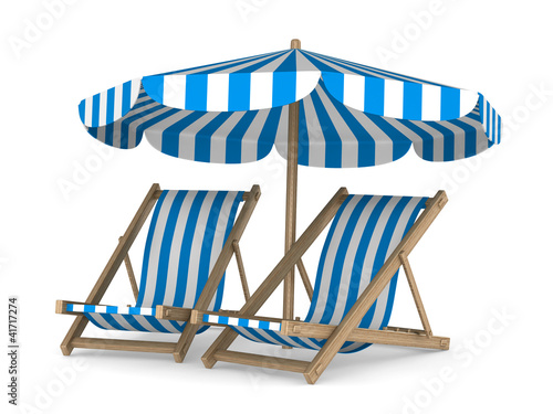 Canvas Print Two deckchair and parasol on white background. Isolated 3D image