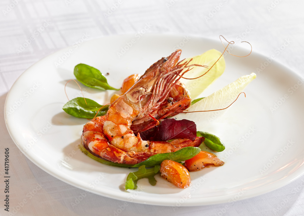 fried prawns on white plate on white tablecloth fried prawns on white plate on white tablecloth