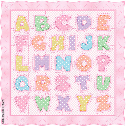 Alphabet Baby Quilt, pastel polka dots gingham pink satin border