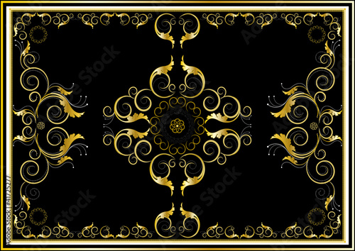 Oriental gold ornaments for rug in dark background.