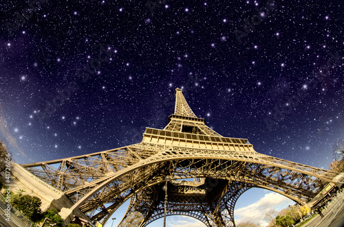 Stars and Night Sky above Eiffel Tower in Paris