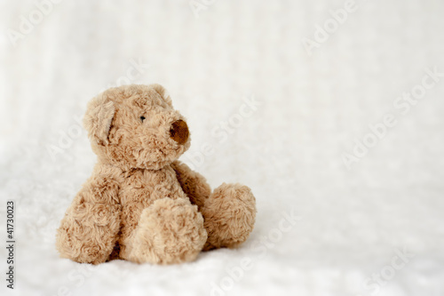 teddy bear seated on white carpet © aldegonde le compte