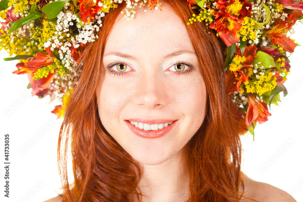 Fototapeta premium red haired woman closeup smiling face portrait