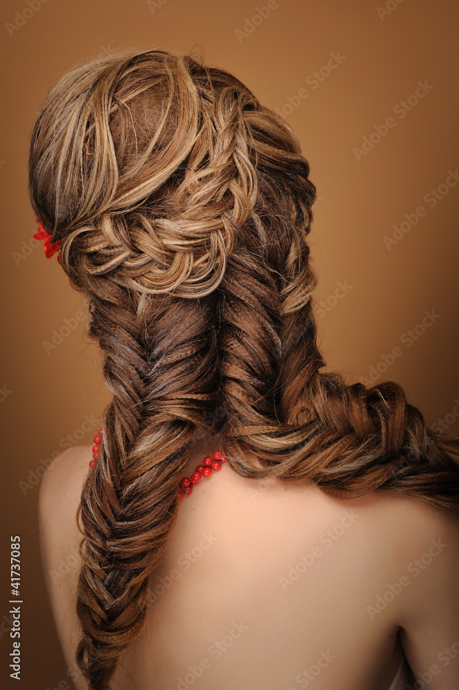 Rear view of a beautiful woman with elegant elaborate hairstyle Rear view of a beautiful woman with elegant elaborate hairstyle