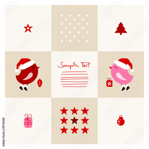 Christmas Card Cute Birds Flying Red/Pink